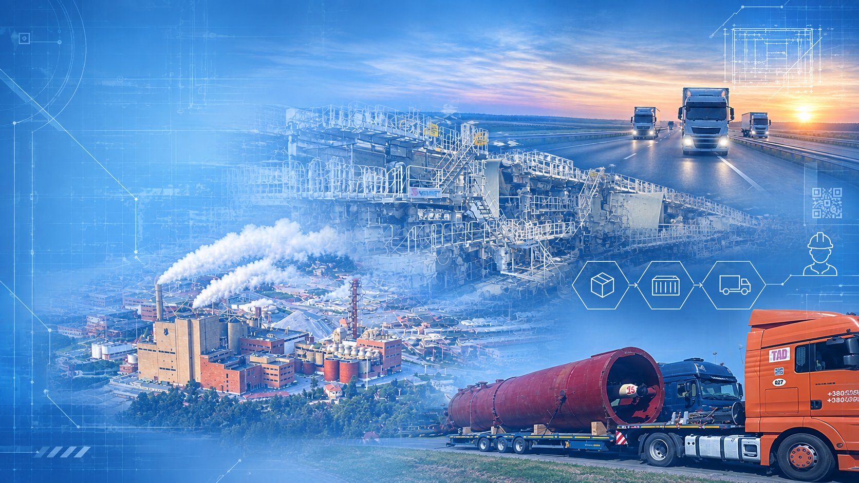 RELOCORE blueprint collage with oversize cargo transport
