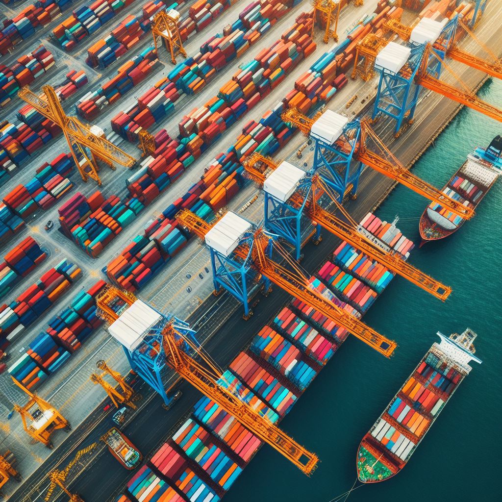 Aerial view of a container terminal and cargo ships