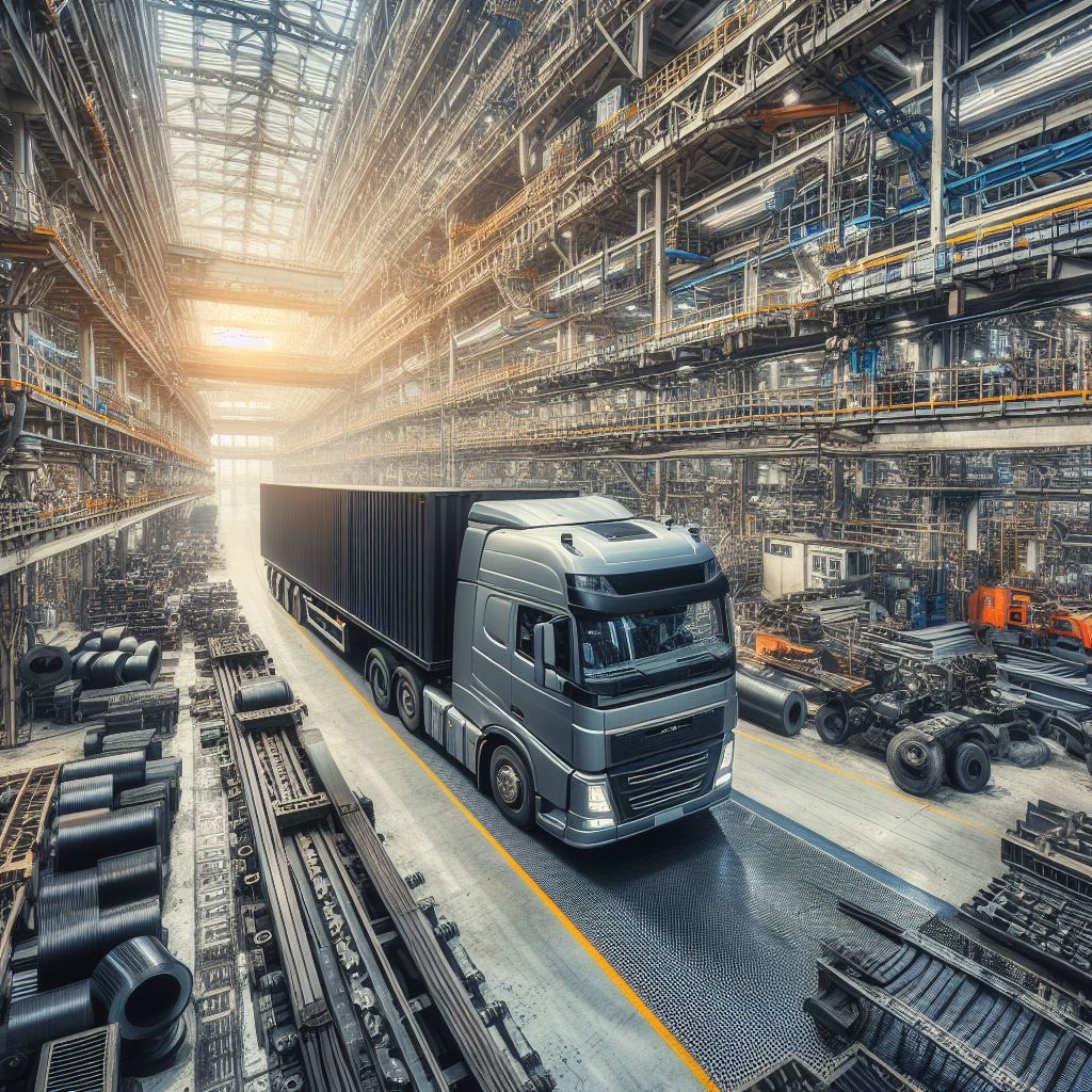 Truck transporting cargo through an industrial hall